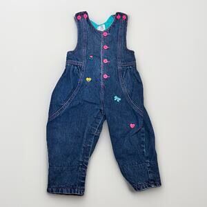 All Mine Baby Denim Romper 12M Vintage Embroidered Hearts Buttons Snap Legs Cute